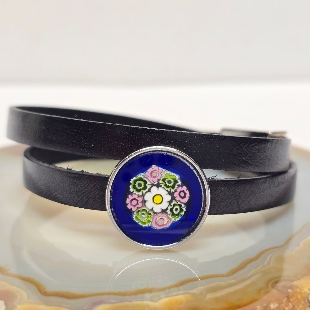Murano Millefiori Glass Double Wrap Genuine Black Leather Bracelet Italy